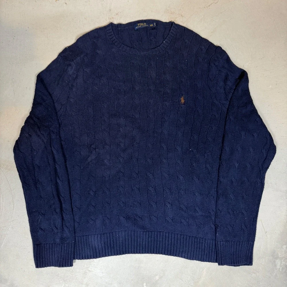 Polo Ralph Lauren Mens XXL Navy Blue Cable Knit Crewneck Sweater Pony Logo